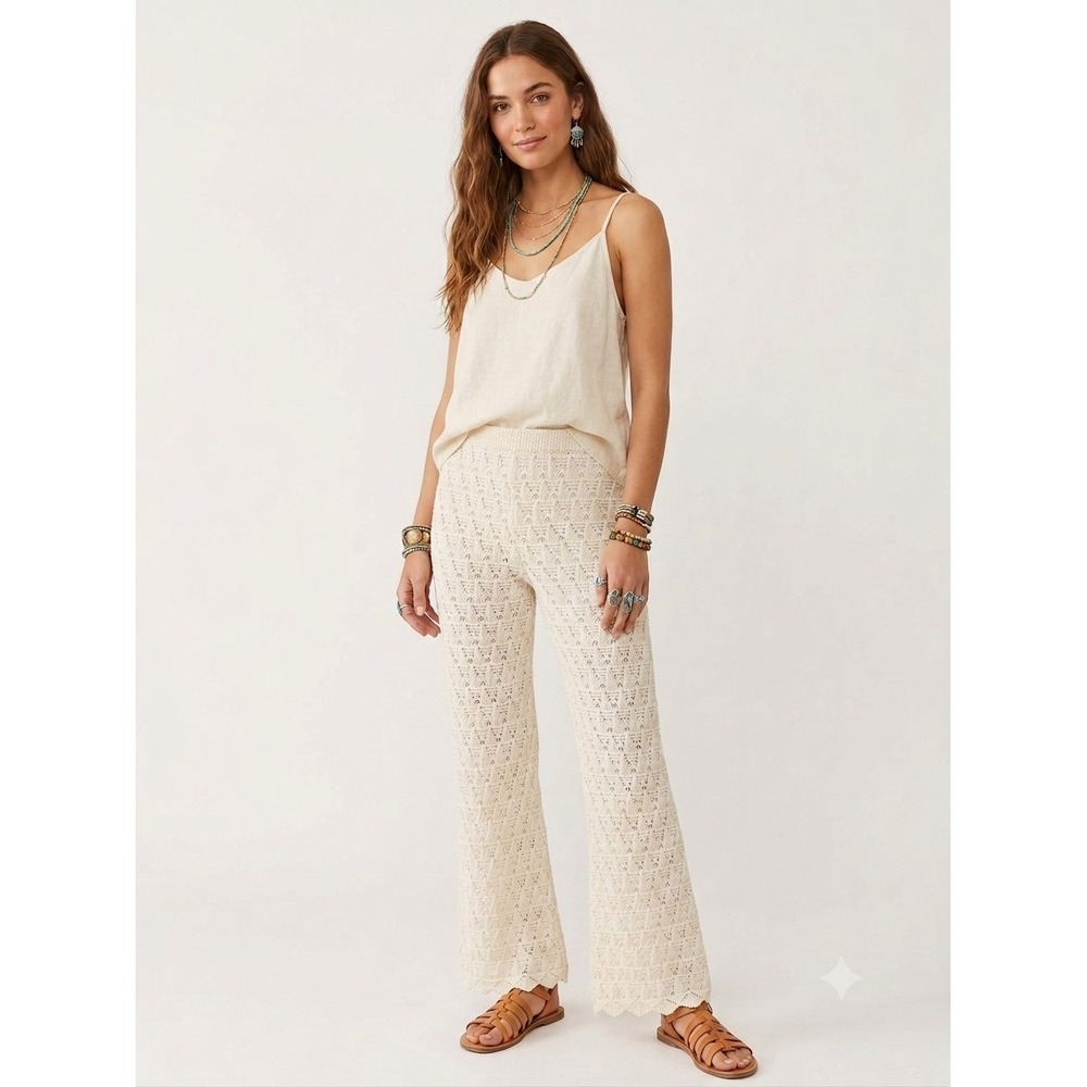 New Wayf Pants Small Wide Leg Crochet Knit Scalloped Ivory Boho Coastal Festival